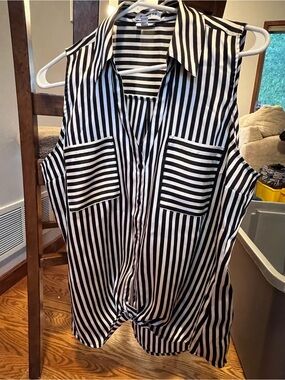 Express Black & White Vertical Stripe Sleeveless Button Shirt
